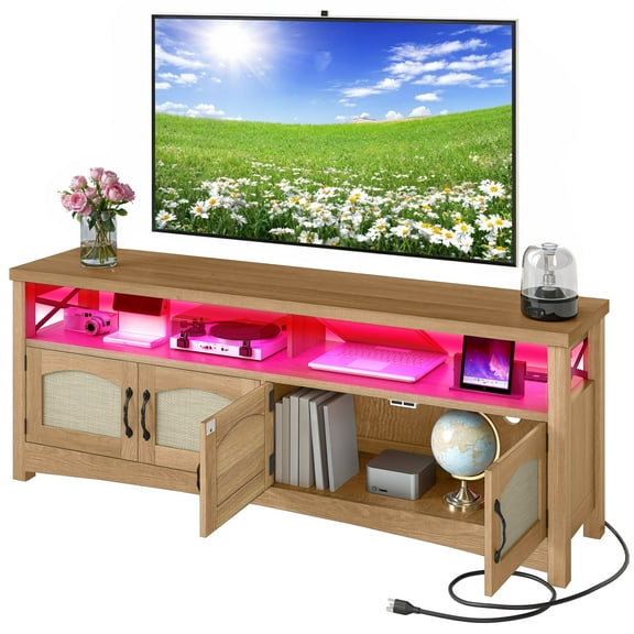 Craftian Farmhouse TV Stand for 65 inch TV, Entertainment Center with LED Light, TV Media Console Cabinet, 59" Oak