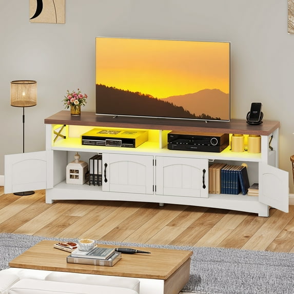 Craftian Farmhouse TV Stand for 65 inch TV, Entertainment Center with LED Light, TV Media Console Cabinet, 59" White
