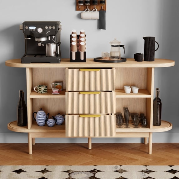 Craftian Fluted Sideboard with Drawers, Modern Buffet Cabinet with Storage & Adjustable Shelves, Oak