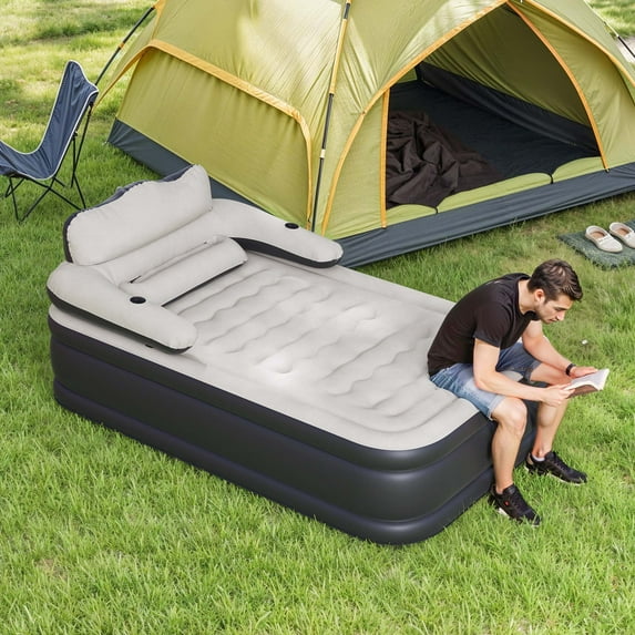 Uforic FullXL Air Bed featuring Headboard, 18in Inflatable Mattress with Pillow, Portable Electric Pump, Black - Ideal Queen Air Mattress for Camping & Home Use