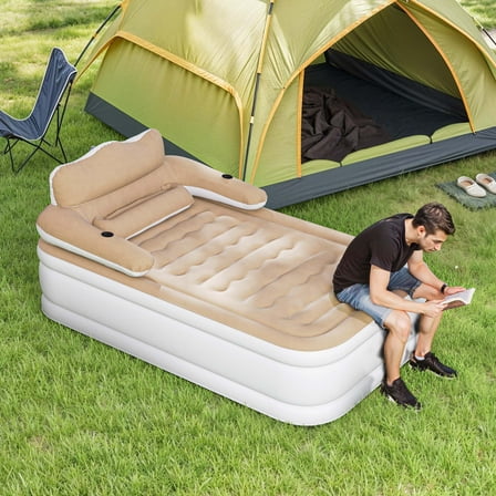 Uforic FullXL Air Bed featuring Headboard, 18in Inflatable Mattress with Pillow, Portable Electric Pump, Brown - Ideal Queen Air Mattress for Camping & Home Use