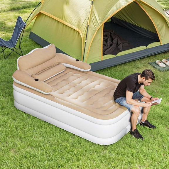 Uforic FullXL Air Bed featuring Headboard, 18in Inflatable Mattress with Pillow, Portable Electric Pump, Brown - Ideal Queen Air Mattress for Camping & Home Use