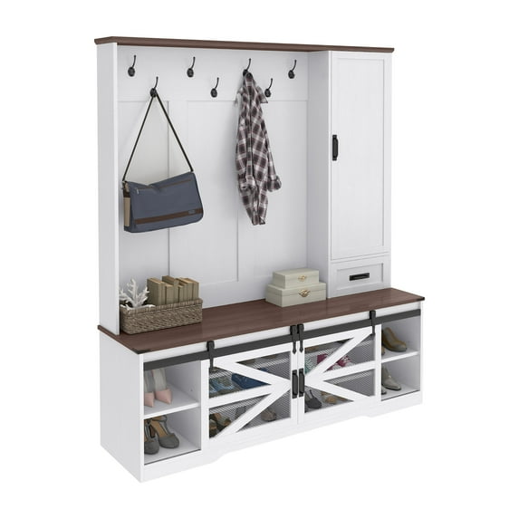 Craftian Hall Tree with Coat Rack, Shoe Storage Bench, Farmhouse Entryway Storage Organizer