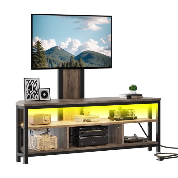 Craftian Height Adjustable TV Stand Mount with Power Outlet, Swivel Entertainment Center with LED Lights for TVs up to 70 inches, Gray