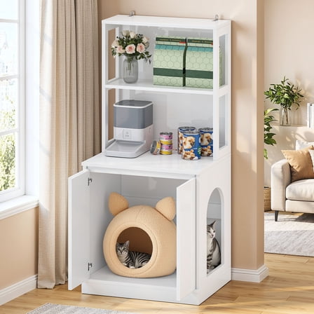 Craftian Hidden Litter Box Cabinet with Charging Station – Cat Enclosure for Self-Cleaning Litter Boxes (Fits Up to 30.5"), Modern Storage Furniture, White