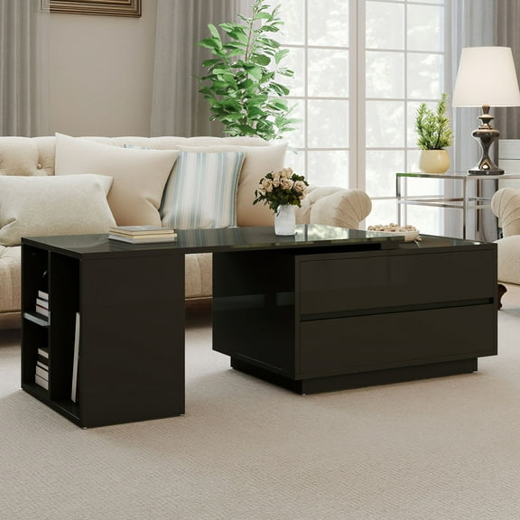 Craftian High Gloss Coffee Table with LED Lights, Extendable Table with Drawers, Black