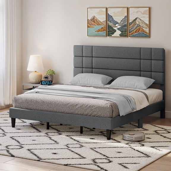 Uforic King Bed Frame, Durable Metal & Wood Build, Quiet & Stylish Design, No Box Spring Needed, Easy-to-Assemble, 43.3" Linen Upholstered Headboard, Dark Gray