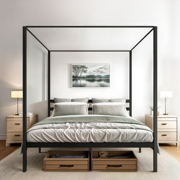 Uforic King Size Metal Canopy Bed Frame with Headboard, 14-Inch Four-Poster Platform with Sturdy Metal Slats, Requires No Box Spring (Black)