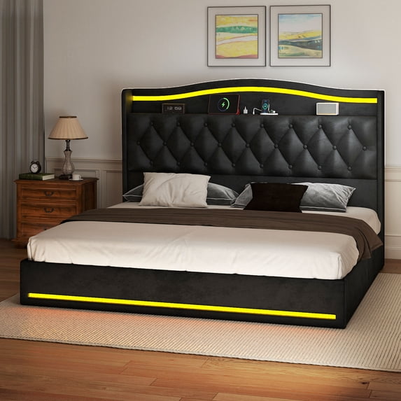 Craftian King Size Standard Bed Frame with Storage & Power Outlets, Upholstered Bed Frame with LED Lights & Headboard, Black