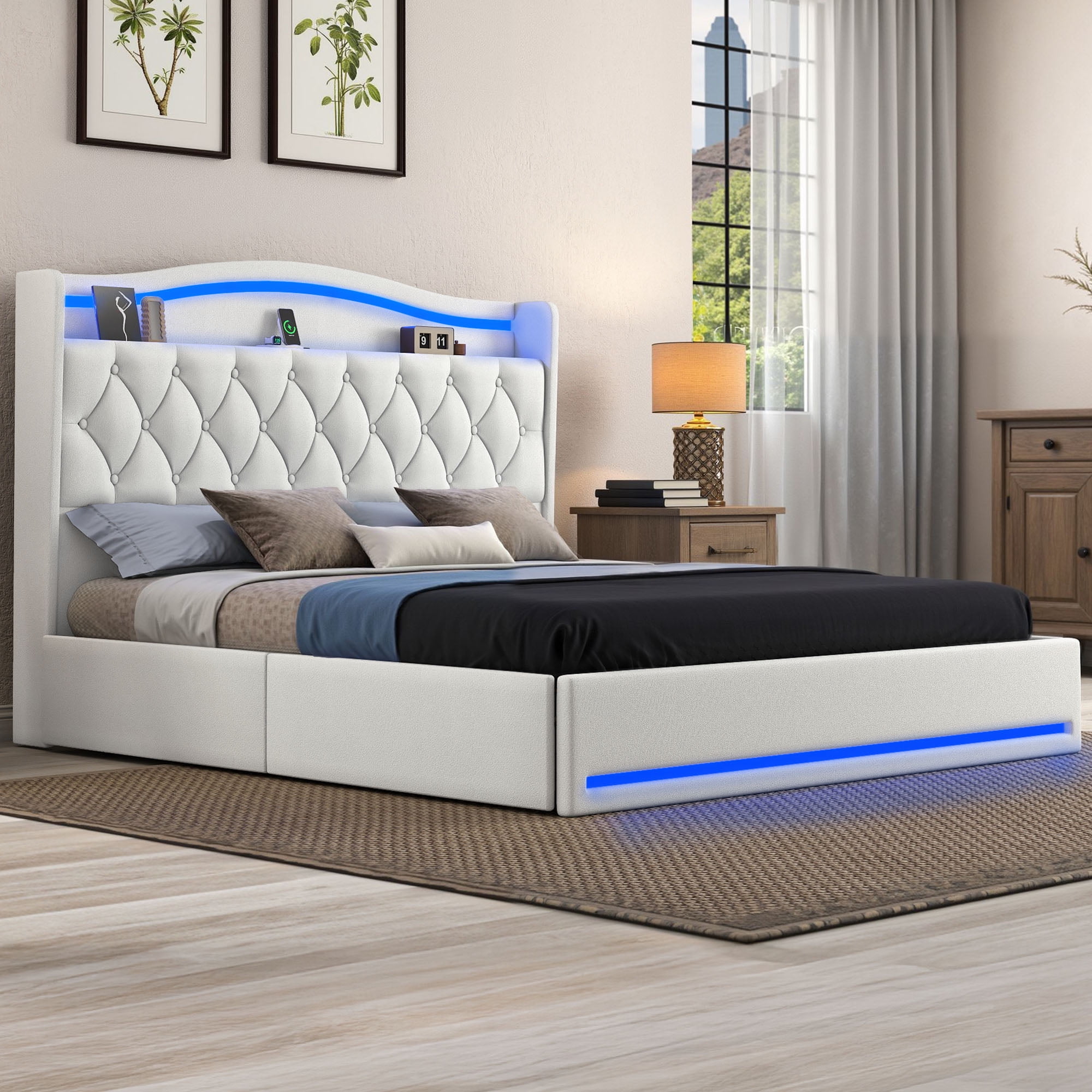 Craftian King Size Standard Bed Frame with Storage & Power Outlets, Upholstered Bed Frame with LED Lights & Headboard, White