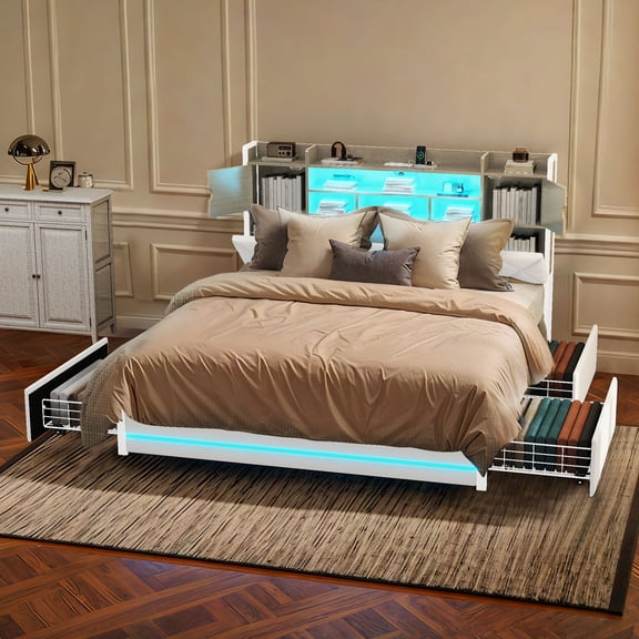 Craftian King Size Upholstered Bed Frame with Power Outlets & LED Lights, Upholstered Bed Frame with Storage, White