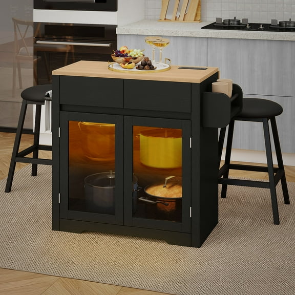 Craftian Kitchen Island Cart with Charging Station & Bar Stools, Kitchen Island with Storage & Drop Leaf, Black