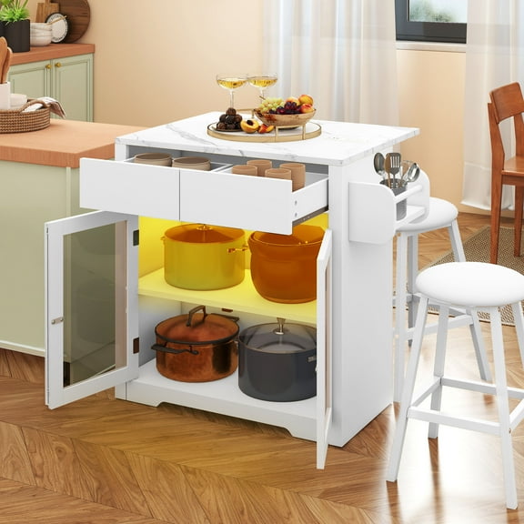 Craftian Kitchen Island Cart with Charging Station & Bar Stools, Kitchen Island with Storage & Drop Leaf, White