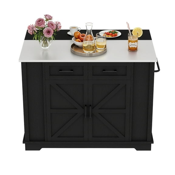 Craftian Kitchen Island Table with Storage & Power Outlet, Kitchen Island Cart with Drop Leaf, Black