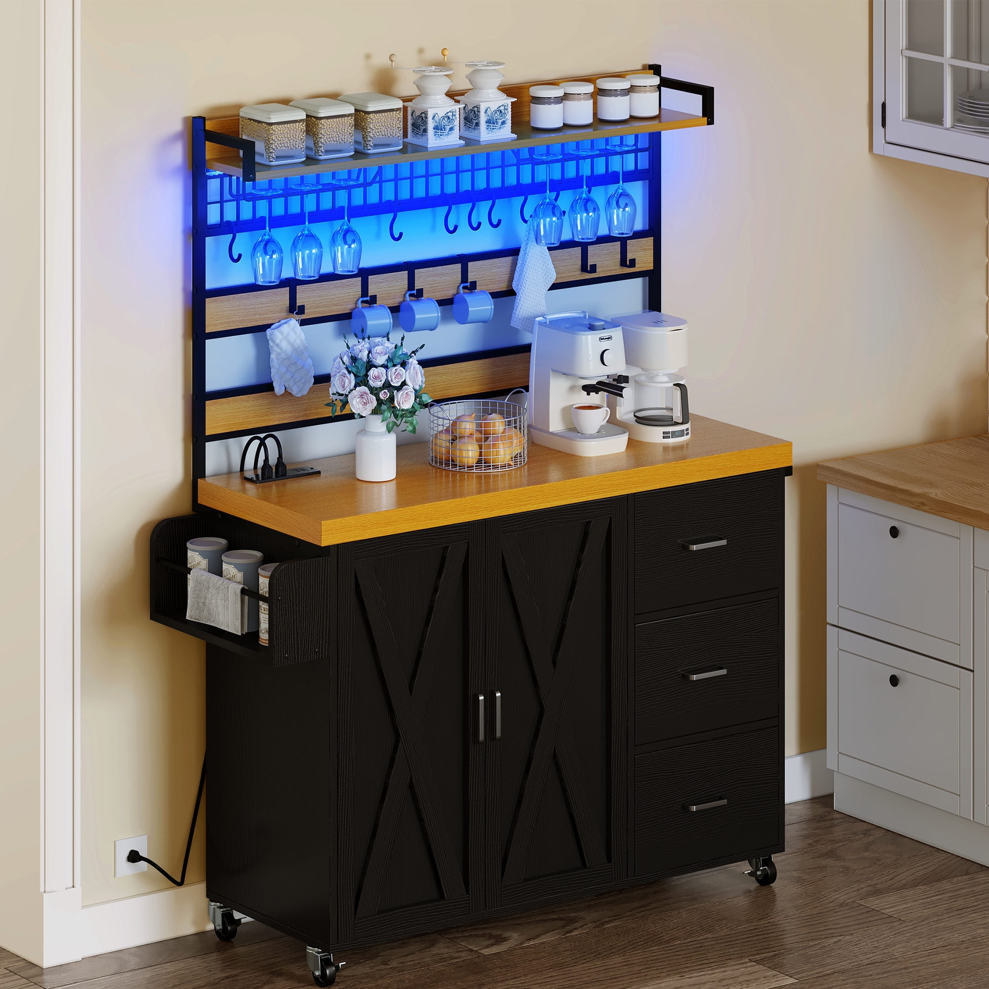Ian Kitchen Island Storage Cabinet, Black & Marble Wood, Adjustable Shelf & Towel Bars, Contemporary Ian Kitchen Island Storage Cabinet, Black & Marble Wood, Adjustable Shelf & Towel Bars, Contemporary