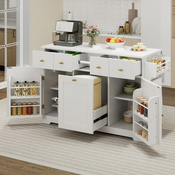 Craftian Kitchen Island with Drop Leaf & Power Outlets, Kitchen Cart with Trash Storage, White