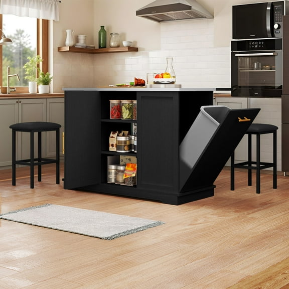 Craftian Kitchen Island with Drop Leaf & Trash Storage, Kitchen Island Table with Stools, Black
