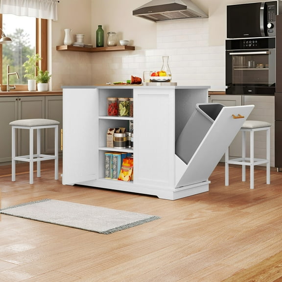 Craftian Kitchen Island with Drop Leaf & Trash Storage, Kitchen Island Table with Stools, White