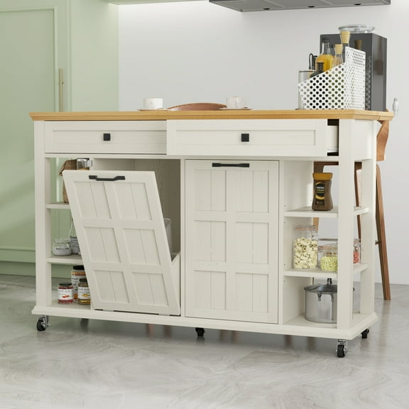 Craftian Kitchen Island with Power Outlets & Drop Leaf, Kitchen Island Cart with Trash Storage,White