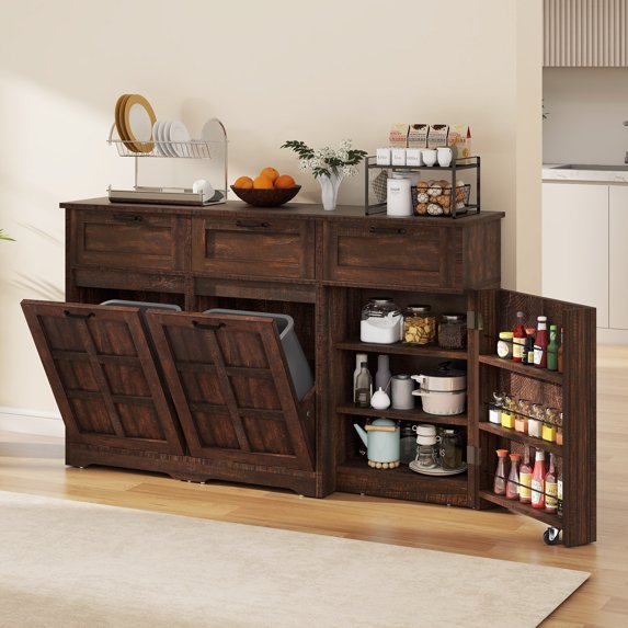 Craftian Kitchen Storage Cabinet with Drawers & Doors, Tilt Out Trash Can Cabinet for Double 10-gal Trash Bins, Brown