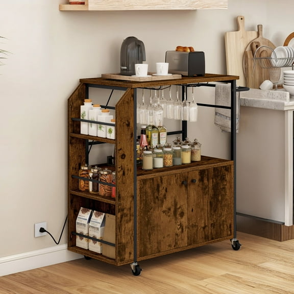 Craftian Kitchen Storage Cart Trolley with Storage Shelves, Kitchen Island Cart with Power Outlets & Doors, Brown