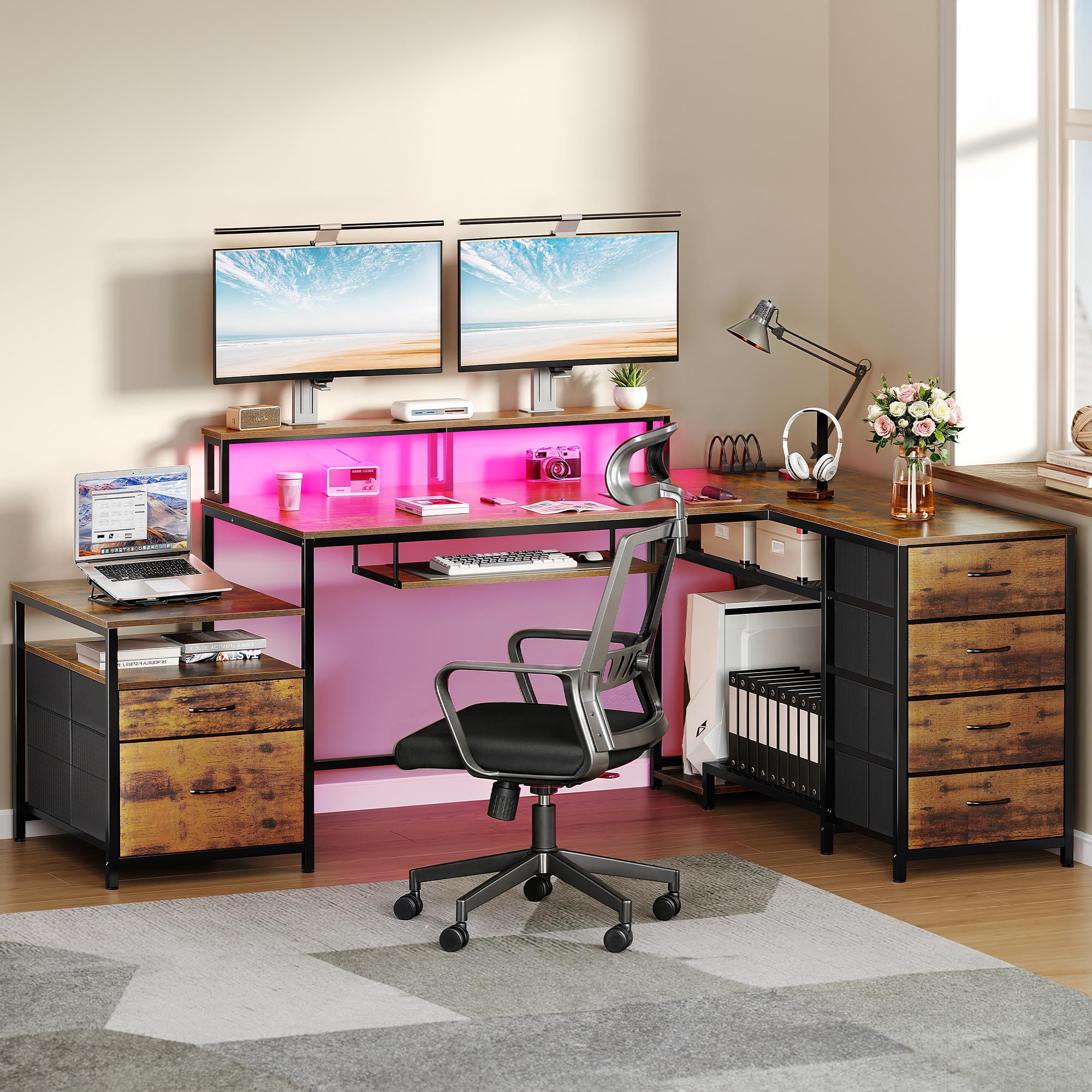 Craftian L Shape Desk with LED Light & 6 Drawers, Computer Desk with ...