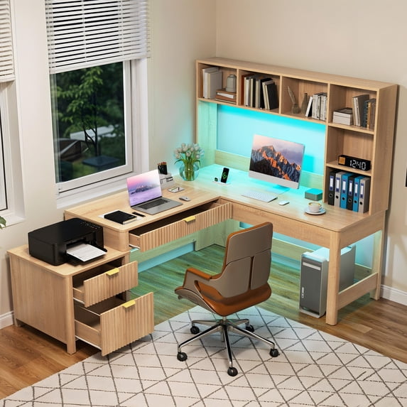 Craftian L Shape Desk with LED Light & Hutch, Home Office Computer Desk Executive Desk with Drawers