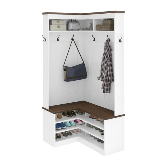 Craftian L Shape Hall Tree with Coat Rack, Shoe Storage Bench, Farmhouse Entryway Storage Organizer