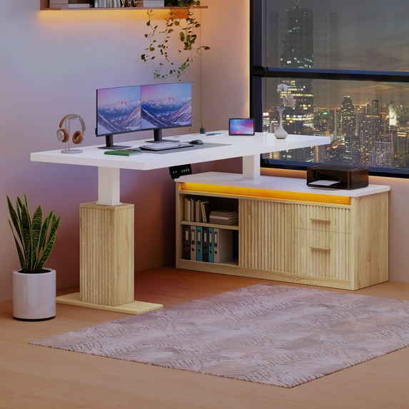 Craftian L-Shaped Electric Standing Desk with LED Lights & Power Outlets, Modern Adjustable Height Sit-Stand Desk, White& Oak
