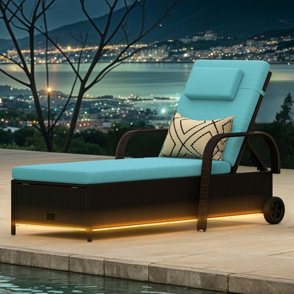 Craftian LED Outdoor Lounge Chair with 5-Level Recline, Wheels, Storage, Patio Wicker Chaise, Black/Blue