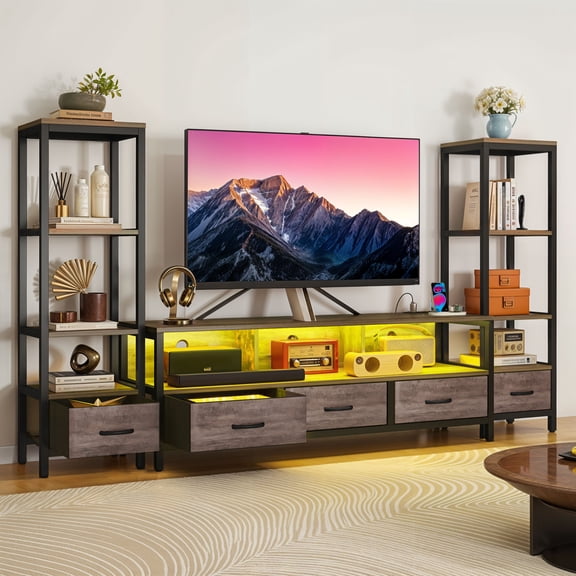 Craftian LED TV Stand with Power Outlets for Tvs up to 65", Entertainment Stand with Bookcase Storage, Gray