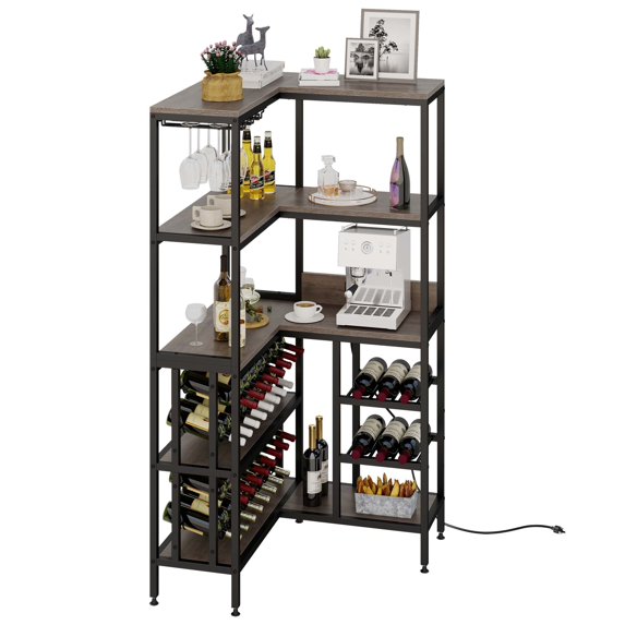 Craftian Large Corner Wine Rack with Led Light & , 5-Tier L Shaped Industrial Bar Cabinets For Liquor and Glasses Storage, Wooden Wine Bottle Holder Shelf for Home Kitchen,Gray