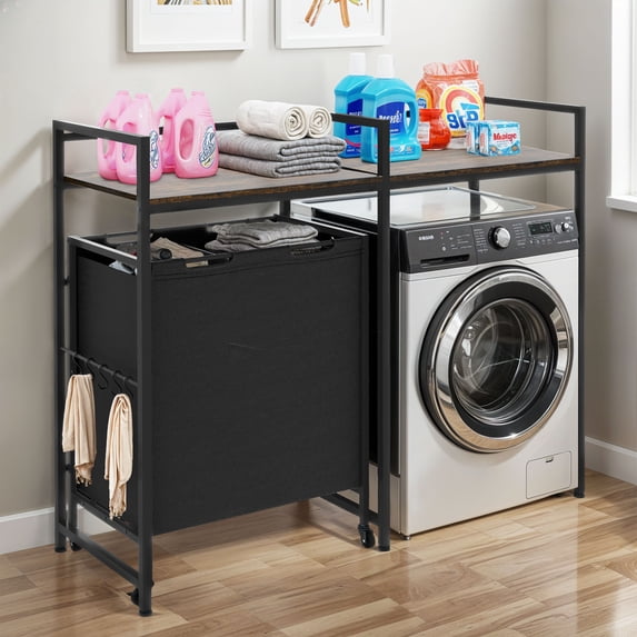 Craftian Laundry Hamper Storage Rack with Hooks, Bathroom Storage Shelf with Washer Storage, Black