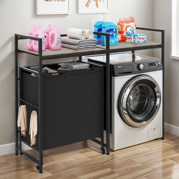Craftian Laundry Hamper Storage Rack with Hooks, Bathroom Storage Shelf with Washer Storage, Black