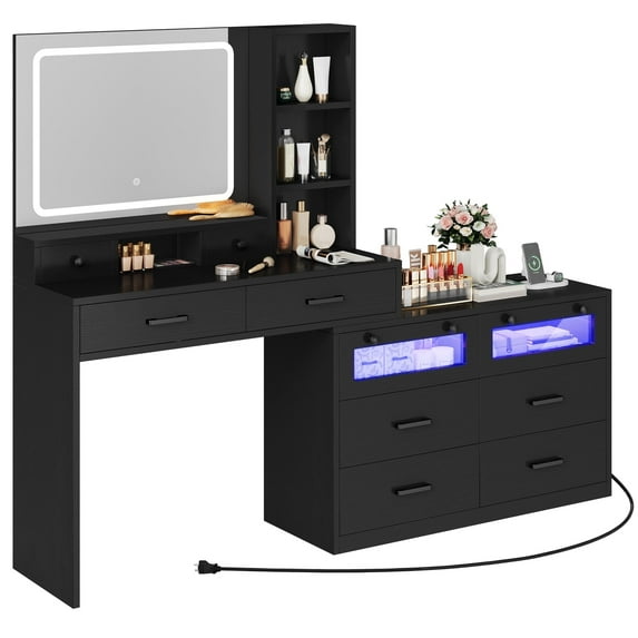 Craftian Makeup Vanity Desk with LED Lighted Mirror 10 Drawers & , Modern Dressing Table with Power Outlet & Open Shelves, Black Vanity Table for Bedroom