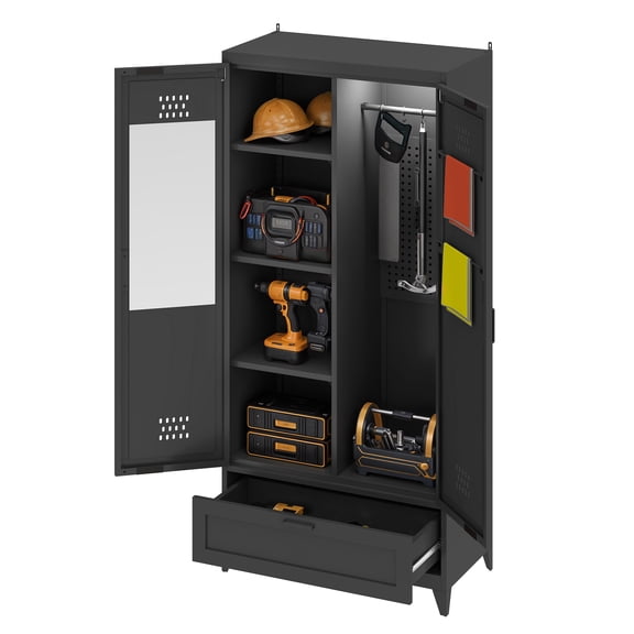 Craftian Metal Garage Storage Cabinet with Doors & LED Lights, Tool Storage Cabinet with Shelves, Black
