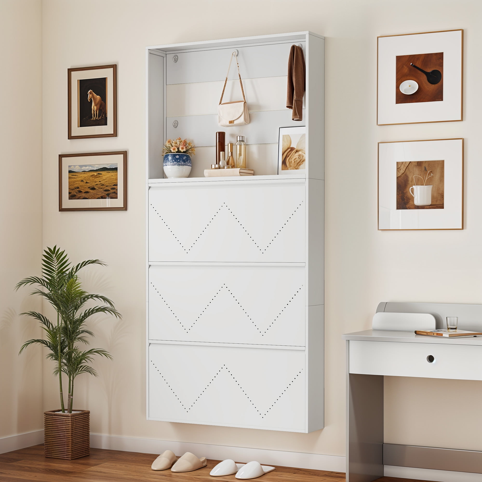 Craftian Metal Wall-Mount Shoe Storage Cabinet with Coat Rack