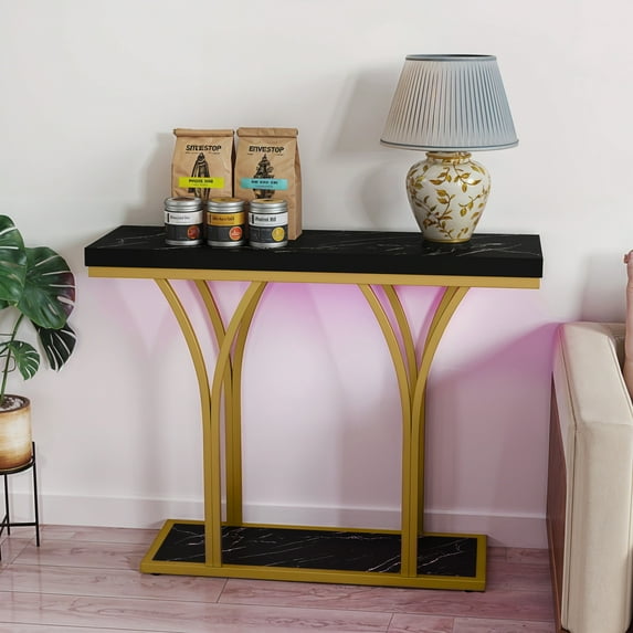 Craftian Modern Console Table with LED Lights, Faux Marble Entryway Side Table, Gold & Black