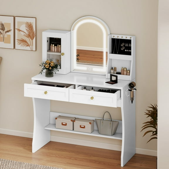 Craftian Modern Makeup Vanity with LED Mirror & Charging Station, White Vanity Desk for Bedroom, Dressing Room, 3 Light Modes, Jewelry Storage