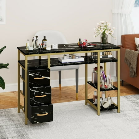 Craftian Nail Table Manicure Table, Marbling Texture Nail Desk for Nail Tech, Acetone Resistant Manicure Desk with 3 Drawer - Black & Gold