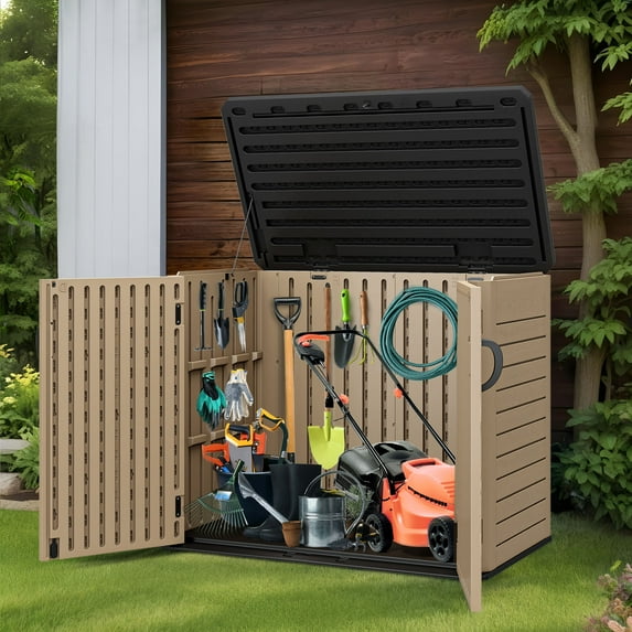 Craftian Outdoor Horizontal Storage Shed with X-Shaped Lockable Door, 35 Cu Ft Weather Resistant Resin Tool Shed, Brown