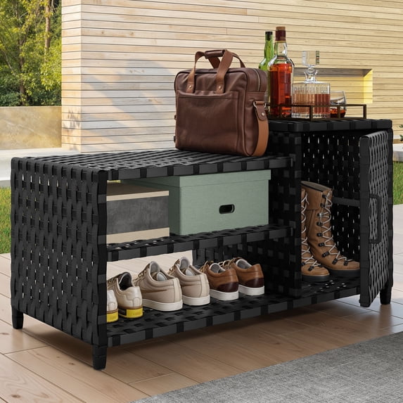 Craftian Outdoor Resin Deck Box, Weatherproof Rattan Outdoor Shoe Bench with Pool Storage - Black