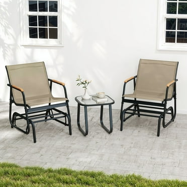 Craftian Outdoor Rocking Bistro Set, 3-Piece Patio Furniture Glider Chair Set with Glass Table, Brown