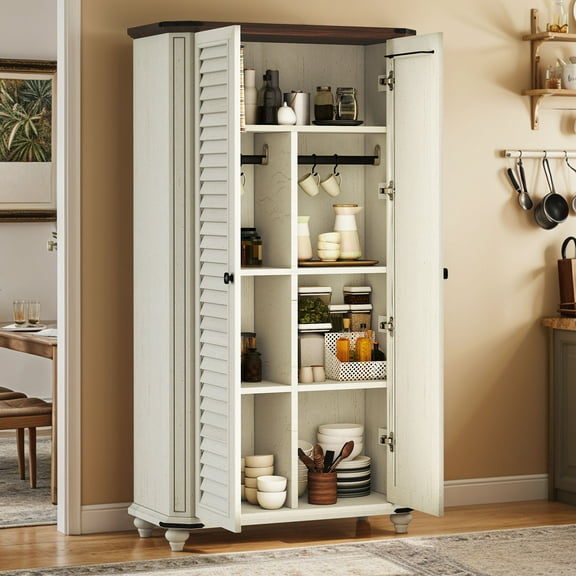 Craftian Pantry Storage Cabinet with Doors & Adjustable Shelves, 67"H Tool Cabinet with Hooks, White
