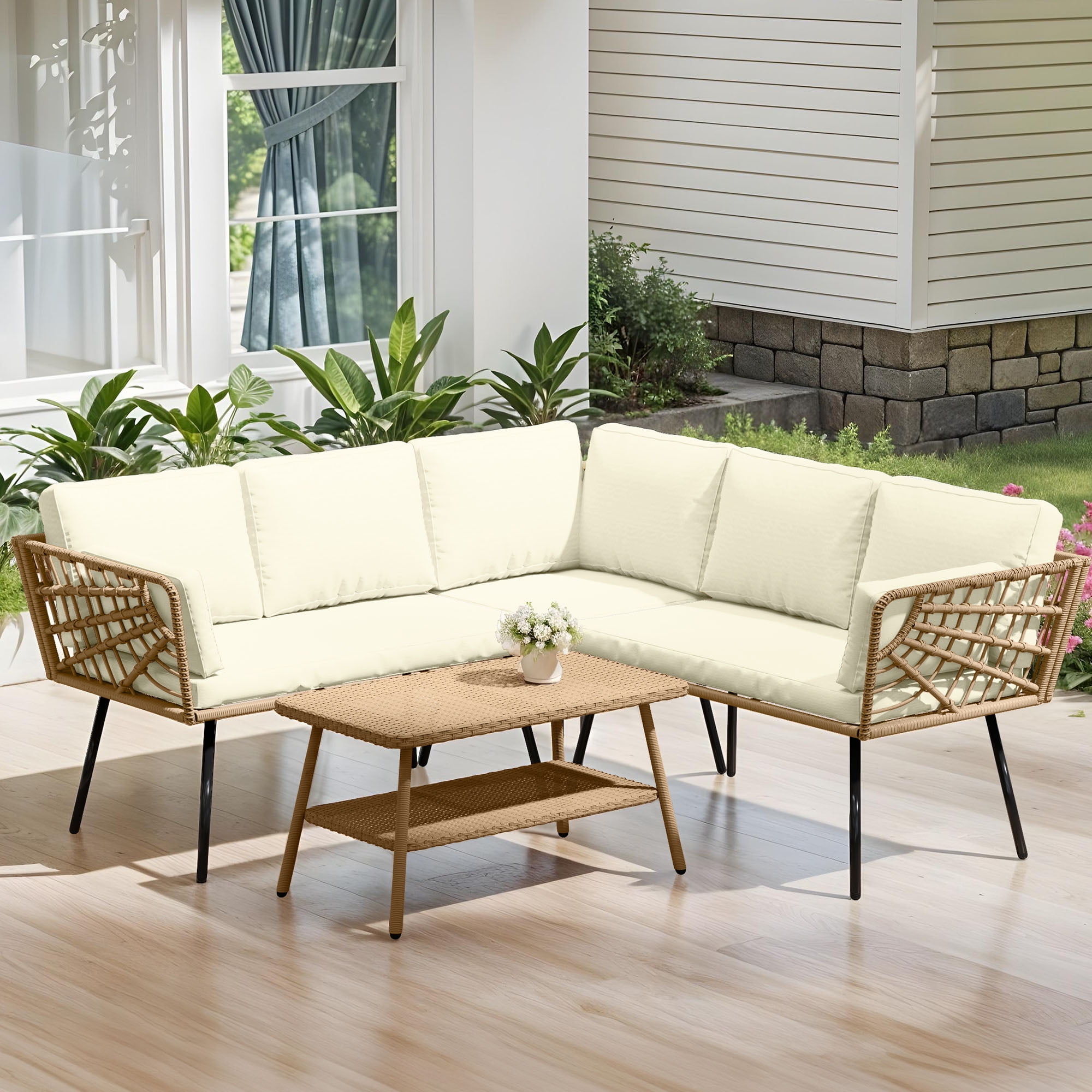 Craftian Patio Conversation Set, 4 Pieces Outdoor Furniture Set with L-Shaped Sofa,Cushions and Coffee Table