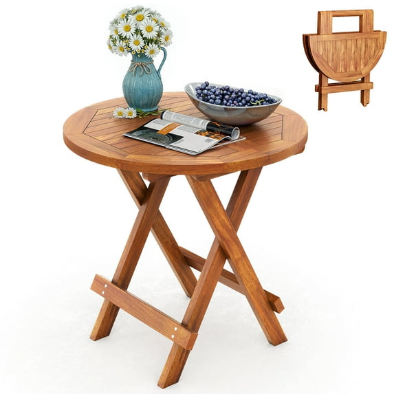 Craftian Patio Dining Table, Teak Wood Folding Patio Furniture Round Side Table, Natural