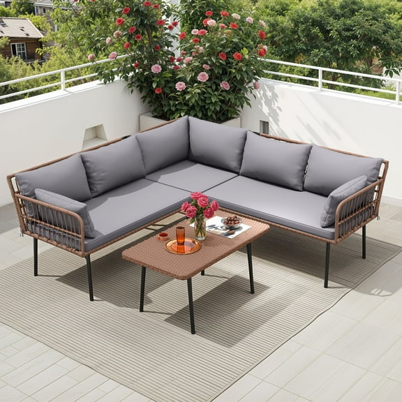Craftian Patio Furniture Set, 4 Pieces Outdoor Conversation Set with L-Shaped Sofa and Side Table - Gray