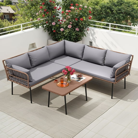 Craftian Patio Furniture Set, 4 Pieces Outdoor Conversation Set with L-Shaped Sofa and Side Table - Gray