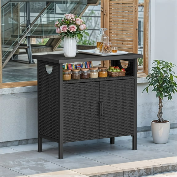 Craftian Patio Rattan Wicker Bar Height Counter Table Storage Cabinet with with 2 Doors and Shelves,Bar Table, Deck Box - Black
