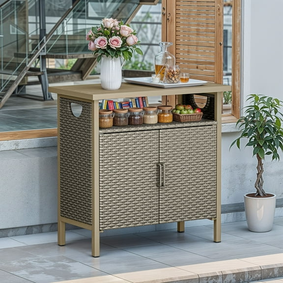 Craftian Patio Rattan Wicker Bar Height Counter Table Storage Cabinet with with 2 Doors and Shelves,Bar Table, Deck Box - Brown